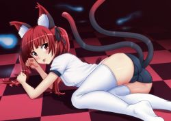 Rule 34 | 1girl, :p, alternate costume, alternate hairstyle, animal ears, ass, blush, buruma, cat ears, cat tail, checkered floor, feet, floor, gym uniform, hair ribbon, kaenbyou rin, kezune (i- -i), long hair, looking at viewer, multiple tails, nekomata, no shoes, paw pose, red eyes, red hair, ribbon, smile, solo, tail, thighhighs, tongue, tongue out, touhou, twintails, white thighhighs