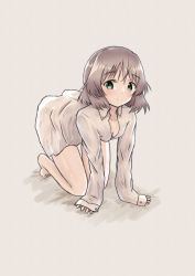Rule 34 | 1girl, absurdres, all fours, blush, breasts, cleavage, closed mouth, collarbone, eiranya dokidoki, full body, green eyes, highres, looking at viewer, sanya v. litvyak, shiny skin, shirt, short hair, silver hair, simple background, small breasts, smile, solo, strike witches, white shirt, world witches series