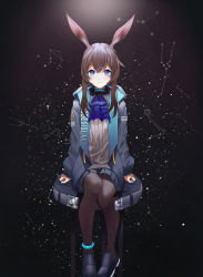 Rule 34 | 1girl, absurdres, amiya (arknights), animal ears, aries (constellation), arknights, ascot, black background, black footwear, black jacket, black pantyhose, blue ascot, blue collar, blue eyes, blue skirt, blush, brown hair, cancer (constellation), clothes writing, collar, commentary, constellation, full body, highres, jacket, jewelry, knees together feet apart, kuma (wctv5527), libra (constellation), long hair, long sleeves, looking at viewer, neck ring, open clothes, open jacket, pantyhose, pisces (constellation), pleated skirt, rabbit ears, rabbit girl, shirt, shoes, sidelocks, simple background, sitting, skirt, solo, star (symbol), starry background, stool, taurus (constellation), white shirt