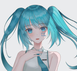 Rule 34 | 1girl, absurdres, aqua hair, bad id, bad pixiv id, bare shoulders, blue eyes, blue necktie, blush, commentary request, face, hatsune miku, highres, long hair, looking at viewer, necktie, neeko yny, open mouth, simple background, smile, solo, twintails, vocaloid, white background