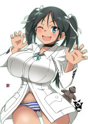 Rule 34 | 1girl, ;d, alternate breast size, aoi manabu, black hair, blue eyes, blush, choker, dark-skinned female, dark skin, fang, francesca lucchini, long hair, looking at viewer, narrow waist, navel, one eye closed, open mouth, panties, simple background, smile, solo, strike witches, striped clothes, striped panties, tan, twintails, underwear, white background, wide hips, world witches series