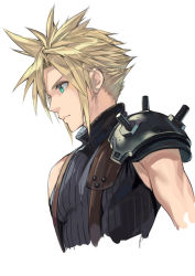 Rule 34 | 1boy, armor, bad id, bad pixiv id, bare shoulders, blonde hair, closed mouth, cloud strife, colored skin, earrings, final fantasy, final fantasy vii, final fantasy vii remake, from side, green eyes, ikuchan kaoru, jewelry, male focus, multicolored skin, profile, ribbed shirt, shirt, shoulder armor, sleeveless, sleeveless shirt, spiked hair, suspenders, turtleneck