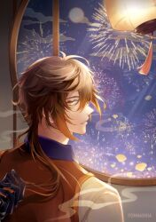 Rule 34 | 1boy, architecture, caressing hair, east asian architecture, fireworks, fonnarnia, genshin impact, looking at viewer, looking back, male focus, solo focus, zhongli (genshin impact)