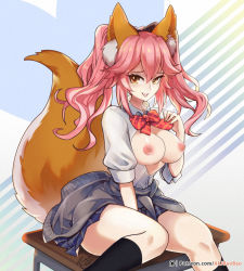 Rule 34 | 10s, 1girl, aa2233a, animal ear fluff, animal ears, black ribbon, blush, breasts, breasts out, clothes around waist, fate/extella, fate/extra, fate/grand order, fate (series), fox ears, fox tail, hair ribbon, jacket, jacket around waist, large breasts, long hair, looking at viewer, nipples, official alternate costume, open mouth, patreon logo, patreon username, pink hair, ribbon, school uniform, shirt, sitting, skirt, solo, tail, tamamo (fate), tamamo no mae (jk) (fate), twintails, unbuttoned, yellow eyes