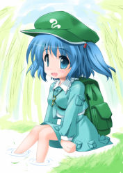 Rule 34 | 1girl, backpack, bag, blue eyes, blue hair, breasts, female focus, grass, hair bobbles, hair ornament, hat, kawashiro nitori, key, matching hair/eyes, open mouth, short hair, sitting, skirt, smile, soaking feet, solo, touhou, twintails, two side up, water