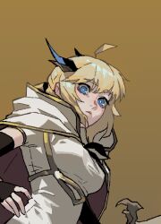 Rule 34 | 1girl, ahoge, blonde hair, blue eyes, borrowed character, brown background, closed mouth, commentary request, commission, fingerless gloves, gloves, gogalking, gold trim, hair ornament, holding, holding sword, holding weapon, hood, hood down, korean commentary, looking at viewer, original, ponytail, shaded face, shirt, short hair, simple background, solo, sword, weapon, white shirt