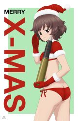 Rule 34 | 1girl, absurdres, acrux, akiyama yukari, artist logo, ass, bikini, blush, brown eyes, brown hair, butt crack, capelet, christmas, commentary, cowboy shot, dated, english commentary, english text, from side, fur-trimmed capelet, fur trim, girls und panzer, gloves, green background, half-closed eyes, hat, highres, holding, light smile, looking at viewer, looking back, merry christmas, messy hair, parted lips, red bikini, red capelet, red gloves, red hat, salute, santa gloves, santa hat, short hair, side-tie bikini bottom, solo, standing, swimsuit, tank shell