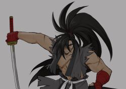 Rule 34 | 1boy, black eyes, black hair, fingerless gloves, gloves, hair over one eye, haoumaru, highres, japanese clothes, long hair, looking at viewer, muscular, muscular male, navel, ponytail, samurai spirits, scar, serious, snk, solo, sword, the king of fighters, torn clothes, weapon