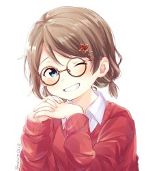 Rule 34 | 1girl, bad id, bad twitter id, blue eyes, blush, brown-framed eyewear, brown hair, cardigan, collared shirt, commentary request, glasses, grin, hair ornament, highres, interlocked fingers, leaf hair ornament, long sleeves, looking at viewer, love live!, love live! sunshine!!, makura (makura0128), one eye closed, red cardigan, round eyewear, shirt, short hair, short twintails, simple background, smile, solo, twintails, twitter username, upper body, watanabe you, white background
