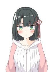Rule 34 | 1girl, :&lt;, blunt bangs, blunt ends, blush, closed mouth, collarbone, commentary request, flower, flower knot, frown, green eyes, green hair, hair flower, hair ornament, highres, hood, hooded jacket, jacket, link! like! love live!, long sleeves, looking at viewer, love live!, momose ginko, pink sleeves, short hair, simple background, solo, split mouth, straight-on, tama hasudan, upper body, virtual youtuber, white background, white jacket