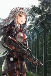 Rule 34 | 1girl, :d, absurdres, black gloves, black pantyhose, breasts, bullpup, chan1moon, cloud, cloudy sky, coat, cosplay, cowboy shot, cross, day, fence, framed breasts, girls&#039; frontline, gloves, grey hair, gun, hairband, highres, holding, holding gun, holding weapon, idolmaster, idolmaster (classic), lens flare, long hair, long sleeves, looking to the side, medium breasts, necktie, open mouth, outdoors, pantyhose, red eyes, red necktie, rifle, scenery, scope, shijou takane, sky, smile, sniper rifle, solo, tree, wa2000 (girls&#039; frontline), wa2000 (girls&#039; frontline) (cosplay), walther, walther wa 2000, weapon, wing collar
