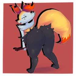 Rule 34 | 1girl, animal ears, animal hands, ass, bent over, black eyes, boiful, border, braixen, breasts, creatures (company), drop shadow, fangs, female focus, fox ears, fox tail, from behind, full body, furry, furry female, game freak, gen 6 pokemon, holding, huge ass, looking at viewer, looking back, medium breasts, nintendo, open mouth, outline, pokemon, pokemon (creature), red background, shiny skin, simple background, smile, solo, standing, stick, tail, white border, white outline