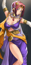 Rule 34 | 1girl, arabian clothes, belly dancing, blue eyes, breasts, cleavage, closed mouth, code geass, code geass: lost stories, cropped, dancer, dancing, earrings, female focus, harem outfit, highres, jewelry, kouzuki kallen, large breasts, looking at viewer, official alternate costume, red hair, short hair, smile, solo, yoo tenchi