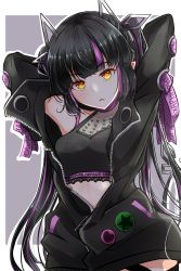 Rule 34 | 1girl, arms up, black hair, black jacket, black ribbon, black shirt, blouse, blunt bangs, border, breasts, cleavage, commentary request, cowboy shot, crop top, cross-laced clothes, cross-laced sleeves, dameyoshi, demon girl, demon horns, demon tail, grey background, heart, heart print, highres, horns, jacket, kojo anna, kojo anna (1st costume), leg ribbon, long hair, long sleeves, looking at viewer, medium breasts, midriff, multicolored hair, nanashi inc., off shoulder, open clothes, open jacket, open mouth, outside border, pointy ears, print shirt, purple hair, ribbon, russian text, see-through, see-through cleavage, see-through shirt, shirt, sleeveless, sleeveless shirt, solo, sugar lyric, tail, twintails, two-tone hair, virtual youtuber, white border, yellow eyes, zipper