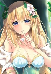 Rule 34 | 1girl, bare shoulders, blonde hair, blue eyes, blush, braid, breasts, cleavage, closed mouth, collarbone, covered erect nipples, detached collar, dress, female focus, flower, four goddesses online: cyber dimension neptune, french braid, hair flower, hair ornament, half updo, large breasts, long hair, looking at viewer, neptune (series), no bra, outdoors, parted lips, shinjitsu (true ride), shiny skin, smile, solo, upper body, vert (neptunia), very long hair