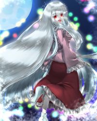 Rule 34 | 1girl, albino, alternate eye color, alternate hair color, blouse, colored skin, from behind, full moon, hands in opposite sleeves, highres, hime cut, houraisan kaguya, japanese clothes, leg lift, light particles, long hair, looking at viewer, looking back, moon, open mouth, pink shirt, red eyes, sakuya (sa ku yan), shirt, skirt, solo, sparkle, tabi, touhou, very long hair, white hair, white legwear, white skin