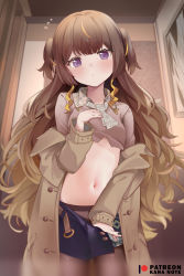 Rule 34 | 1girl, anya melfissa, artist name, belly, blush, breasts, brown hair, cleavage, closed mouth, coat, eyes visible through hair, hololive, hololive indonesia, long hair, looking at viewer, medium breasts, medium skirt, mujinbensin, multicolored hair, navel, necktie, open clothes, open shirt, purple eyes, shirt, skirt, solo, stomach, thighs, tied shirt, virtual youtuber, wavy hair