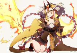 Rule 34 | 1girl, bare shoulders, blonde hair, breasts, claws, cleavage, earrings, fate/grand order, fate (series), female focus, fire, floral print, horns, ibaraki douji (fate), japanese clothes, jewelry, kimono, kneeling, long hair, love-tuno-love, medium breasts, monster girl, off shoulder, oni, oni horns, pointy ears, short kimono, smile, solo, tattoo, wide sleeves, yellow eyes, yellow kimono