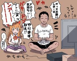 Rule 34 | +++, 1boy, 1girl, barefoot, blush, bow, bowtie, brown background, brown horns, closed eyes, commentary request, controller, cookie (touhou), fang, full body, game console, game controller, holding, holding controller, holding game controller, horns, ibuki suika, indian style, long hair, manatsu no yo no inmu, medium bangs, notice lines, open mouth, orange eyes, orange hair, purple skirt, red bow, red bowtie, rikadai, shirt, short bangs, short hair, simple background, sitting, skirt, sleeveless, sleeveless shirt, smile, squiggle, t-shirt, television, touhou, translation request, v-shaped eyebrows, white shirt, yajuu senpai, yamin (cookie)