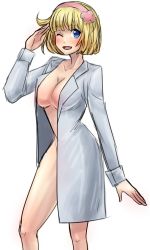 Rule 34 | 00s, 1girl, blonde hair, blue eyes, breasts, cleavage, cosette coalhearth, hairband, lab coat, lab coat, large breasts, naked labcoat, nude, one eye closed, pltrgst, salute, senjou no valkyria, senjou no valkyria (series), senjou no valkyria 2, short hair, smile, solo, wink