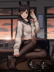 Rule 34 | 1girl, absurdres, alternate costume, animal ears, atago (azur lane), atago (school traumerei) (azur lane), atago (school traumerei) (azur lane), azur lane, bag, black footwear, black hair, black pantyhose, black sailor collar, black skirt, breasts, brown eyes, classroom, commentary request, desk, duffel bag, extra ears, feet, hair behind ear, hair ribbon, hand in own hair, highres, indoors, large breasts, legs, loafers, long hair, looking at viewer, luomo, neckerchief, on desk, pantyhose, parted lips, pleated skirt, ribbon, sailor collar, school uniform, shoes, unworn shoes, sitting, skirt, solo, swept bangs, white neckerchief, white ribbon, window