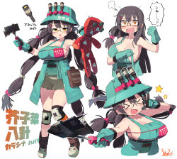 &gt;_&lt; 1girl absurdres blush breasts brown_footwear brown_hair bucket_hat cellphone character_name cleavage clenched_hand collarbone fang flashlight furigana gloves green_gloves green_hat hair_ornament hairclip hat highres holding holding_stuffed_toy kamigakari_(trpg) knee_pads kometsubu large_breasts long_hair multi-tied_hair multiple_views open_mouth orange_eyes original phone puff_of_air selfie_stick semi-rimless_eyewear sideboob signature skin_fang smartphone speech_bubble star_(symbol) strap_break stuffed_toy sweat tearing_up two-finger_handjob under-rim_eyewear underbust very_long_hair white_background