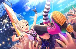 Rule 34 | 1girl, ;d, artist request, asymmetrical legwear, bare shoulders, belt, black gloves, blonde hair, blue sky, blush, boots, bracelet, breasts, choker, cloud, concert, crowd surfing, day, earrings, fingerless gloves, frills, gloves, hair ornament, hairclip, idol, idolmaster, idolmaster cinderella girls, idolmaster cinderella girls starlight stage, jewelry, lens flare, looking at viewer, midriff, mismatched legwear, nail polish, official art, one eye closed, open mouth, outdoors, pixie cut, plaid, plaid skirt, red eyes, ring, senzaki ema, short hair, shorts, shorts under skirt, skirt, sky, sleeveless, smile, solo focus, stage, stage lights, sunlight, suspenders, sweat, thighhighs, very short hair