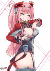 1girl alternate_costume alternate_hairstyle azur_lane breasts candy cosplay darling_in_the_franxx donggua_bing_cha food green_eyes hair_ornament highres large_breasts lollipop long_hair military_uniform p: pink_hair prinz_eugen_(azur_lane) smile teasing tongue tongue_out white_background zero_two_(darling_in_the_franxx)