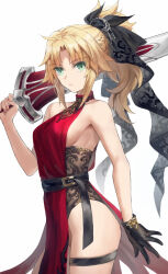 Rule 34 | 1girl, bare shoulders, belt, black gloves, blonde hair, braid, breasts, clarent (fate), closed mouth, commentary request, dress, fate/apocrypha, fate (series), french braid, gloves, green eyes, hair ribbon, highres, long hair, looking at viewer, mordred (fate), mordred (fate/apocrypha), parted bangs, ponytail, red dress, revision, ribbon, sideboob, sidelocks, small breasts, solo, sword, thigh trap, thighs, tonee, weapon