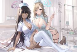 Rule 34 | 2girls, alternate costume, asuna (blue archive), bed, black hair, blonde hair, blue archive, blue eyes, bottle, breasts, cleavage, closed mouth, commentary, dark-skinned female, dark skin, dress, garter straps, hair ribbon, halo, hat, highres, holding, holding syringe, hospital, hospital bed, infirmary, intravenous drip, iv stand, karin (blue archive), large breasts, leaning on object, long hair, looking at viewer, mole, mole on breast, multiple girls, nurse, nurse cap, parted lips, pdxen, pillow, privacy screen, ribbon, short dress, short sleeves, shrug (clothing), sitting, skindentation, smile, symbol-only commentary, syringe, thighhighs, thighs, very long hair, white garter straps, white ribbon, white thighhighs, yellow eyes