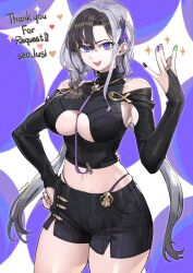Rule 34 | 1girl, arm at side, azarashi hapu, bike shorts, bikini, bikini under clothes, bikini under shorts, black hair, black shirt, black shorts, breasts, bridal gauntlets, cleavage, commission, crop top, elbow gloves, gloves, grey hair, grin, halterneck, hand up, highres, jun (navigavi), large breasts, long hair, looking at viewer, making-of available, midriff, multicolored nails, navel, parted bangs, purple background, purple eyes, revision, second-party source, shirt, short shorts, shorts, simple background, skeb commission, smile, solo, sparkle, sparkle background, sparkling eyes, standing, stomach, string bikini, swimsuit, two-tone background, underboob, v-llage, virtual youtuber