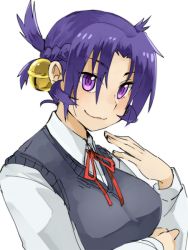 Rule 34 | 1girl, antenna hair, bell, closed mouth, commentary request, hair bell, hair ornament, hannpen5500, looking at viewer, ma renka, parted bangs, purple eyes, purple hair, red neckwear, red ribbon, ribbon, shijou saikyou no deshi ken&#039;ichi, shirt, short hair, simple background, smile, solo, sweater vest, upper body, white background, white shirt