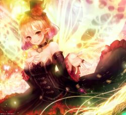 Rule 34 | 00s, 1girl, artist name, bare shoulders, black dress, black hat, blush, breast suppress, breasts, butterfly wings, collar, collarbone, detached sleeves, dress, dutch angle, earrings, english text, flower, frilled sleeves, frills, glowing, glowing wings, hat, highres, insect wings, jewelry, looking at viewer, lucid (maplestory), maplestory, medium breasts, mini hat, mini top hat, parted lips, pink hair, pointy ears, red eyes, red flower, red rose, rose, shale, short hair, sleeveless, sleeveless dress, smile, solo, sparkle, top hat, twitter username, wings