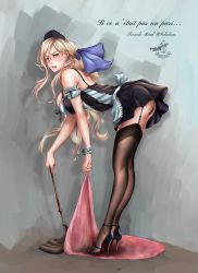 Rule 34 | 1girl, apron, ass, black dress, black thighhighs, blonde hair, blue eyes, blush, breasts, crazyskull, dress, frills, full body, garter straps, graphite (medium), hair between eyes, highres, kantai collection, large breasts, long hair, looking at viewer, maid, maid apron, maid headdress, mechanical pencil, mole, mole under eye, mole under mouth, open mouth, pencil, richelieu (kancolle), solo, thighhighs, traditional media