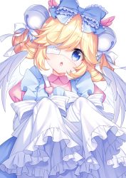 Rule 34 | 1girl, :o, apron, bell, blonde hair, blue apron, blue bow, blue eyes, blush, bow, collared dress, commentary, commission, cutesu (cutesuu), double bun, dress, eyepatch, frilled apron, frilled bow, frills, hair bell, hair bow, hair bun, hair ornament, highres, jingle bell, layered sleeves, long sleeves, looking at viewer, medical eyepatch, original, parted lips, pink dress, pixiv commission, puffy short sleeves, puffy sleeves, sacraneco, short over long sleeves, short sleeves, simple background, sleeves past fingers, sleeves past wrists, solo, striped, striped bow, symbol-only commentary, white background, white bow, white sleeves