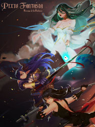 Rule 34 | 3girls, bare shoulders, black dress, black gloves, black hair, blue cape, breasts, cape, cleavage, copyright name, cross, cross necklace, dated, detached sleeves, dress, gloves, hair over one eye, highres, holding, holding sword, holding weapon, horns, jewelry, long hair, medium breasts, multiple girls, music, necklace, pixiv fantasia, pixiv fantasia revenge of the darkness, pointy ears, purple gloves, red eyes, simple background, singing, sword, weapon, white dress, wide sleeves, ying shi de xia yeji