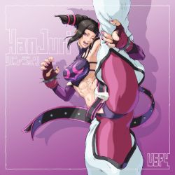 Rule 34 | 1girl, abs, belt, black hair, bracelet, breasts, double bun, fingerless gloves, gloves, gluteal fold, hair bun, hair rings, han juri, highres, jewelry, leg up, leotard, lips, midriff, nail polish, nom127, one eye closed, pants, pink nails, pointing, purple background, sideboob, sidelocks, solo, spiked bracelet, spikes, street fighter, street fighter v, tongue, tongue out