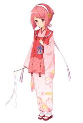 Rule 34 | 1girl, arm at side, blue ribbon, blush, closed mouth, fire emblem, fire emblem fates, full body, geta, gohei, hairband, holding, japanese clothes, kimono, leaf print, long sleeves, looking at viewer, nintendo, pink hair, pink kimono, pouch, print kimono, raised eyebrows, red eyes, red footwear, red ribbon, ribbon, ribbon trim, sakura (fire emblem), seigaiha, short hair, smile, solo, standing, tabi, tareme, transistor, white hairband, white legwear, wide sleeves