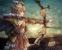 Rule 34 | 1girl, armor, arrow (projectile), bad id, bad pixiv id, belt, blonde hair, bow (weapon), cloud, drawing bow, hat, holding bow (weapon), necktie, original, senano-yu, short hair, skirt, sky, solo, weapon, yellow eyes