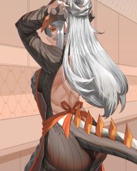 Rule 34 | 1girl, absurdres, alternate costume, alternate hairstyle, apron, arknights, arms up, ass, backless dress, backless outfit, black apron, black dress, black sweater, breasts, cabinet, cowboy shot, dress, from behind, grey hair, hair bun, highres, indoors, kitchen, large breasts, long hair, long sleeves, looking at viewer, looking back, nail polish, najashi, orange nails, orange ribbon, parted lips, red eyes, ribbon, saria (arknights), single hair bun, solo, sweater, sweater dress, tying hair, very long hair
