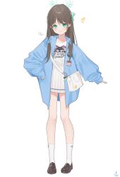 Rule 34 | 1girl, absurdres, airi (band) (blue archive), airi (blue archive), aqua eyes, black footwear, blue archive, blue jacket, blush, brown hair, doyagao, full body, half updo, halo, highres, jacket, kneehighs, logo, long hair, looking at viewer, official alternate costume, pleated skirt, print shirt, puff of air, shirt, shirt tucked in, simple background, skirt, sleeves past wrists, smile, smug, socks, solo, tachibana shiori (suica 112), white background, white shirt, white skirt, white socks