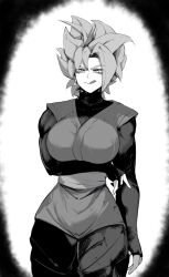 1girl absurdres black_shirt breasts commentary cowboy_shot dougi dragon_ball dragon_ball_super earrings english_commentary genderswap genderswap_(mtf) goku_black greyscale highres jewelry long_sleeves masoq monochrome pants potara_earrings shirt simple_background single_earring solo spiked_hair super_saiyan vignetting