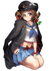 Rule 34 | 1girl, black headwear, black jacket, blue neckerchief, blue skirt, bob cut, bracelet, brown eyes, brown hair, cinko, collarbone, commentary request, crop top, crop top overhang, full body, hand on own thigh, head tilt, high collar, highres, jacket, jacket on shoulders, jewelry, kill la kill, leaf, life fiber, looking at viewer, mankanshoku mako, midriff, mouth hold, navel, neckerchief, open clothes, open jacket, pleated skirt, school uniform, seiza, serafuku, short hair, simple background, sitting, skirt, smirk, solo, spiked bracelet, spikes, stomach, white background