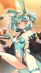Rule 34 | 1girl, animal ears, armlet, bare shoulders, bird tail, black feathers, black wings, blue leotard, blue necktie, blush, breasts, claws, cluseller, cup, detached collar, diagonal-striped clothes, diagonal-striped necktie, drinking glass, fake animal ears, fake tail, feathers, harpy, heart, heart tattoo, highleg, highleg leotard, highres, holding, holding tray, indie virtual youtuber, leotard, lincoro, looking at viewer, monster girl, navel, necktie, playboy bunny, pointy ears, rabbit tail, red eyes, short hair, short twintails, small breasts, solo, stomach tattoo, striped clothes, tail, tattoo, tiara, tray, twintails, virtual youtuber, winged arms, wings, wrist cuffs