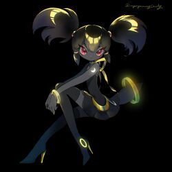 Rule 34 | 1girl, arm tattoo, bare shoulders, black background, black dress, black footwear, black hair, black skin, blonde hair, boots, bracelet, choker, colored eyelashes, colored skin, creatures (company), crescent, dress, from side, full body, game freak, gen 2 pokemon, glowing, gold trim, hair tubes, high heel boots, high heels, highres, invisible chair, jewelry, knee up, long hair, looking at viewer, looking to the side, multicolored hair, myu (3u gumi), nail polish, nintendo, outstretched arms, own hands together, personification, pokemon, red eyes, ribbon, short dress, sidelocks, simple background, sitting, sleeveless, sleeveless dress, solo, streaked hair, tail, tattoo, thighhighs, twintails, twitter username, umbreon, yellow nails, yellow ribbon, zettai ryouiki