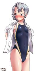 Rule 34 | 1girl, artist name, asymmetrical hair, black one-piece swimsuit, blue one-piece swimsuit, blush, collarbone, competition swimsuit, cowboy shot, dated, flat chest, flipped hair, gloves, grey eyes, highres, kantai collection, lips, long hair, looking at viewer, nowaki (kancolle), one-piece swimsuit, shirt, short sleeves, silver hair, simple background, smile, solo, standing, sweatdrop, swimsuit, swimsuit under clothes, tsuchimiya, undressing, white background, white gloves, white shirt