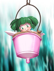 Rule 34 | 1girl, bucket, chamupei, condom, green eyes, green hair, highres, in bucket, in container, kisume, looking at viewer, matching hair/eyes, open mouth, solo, touhou, twintails, wide-eyed, wooden beam