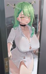 Rule 34 | 1girl, antlers, archinoer, black choker, bottomless, breasts, ceres fauna, choker, covered erect nipples, doorway, earrings, green hair, green nails, heart, highres, hololive, hololive english, horns, jewelry, large breasts, long hair, looking at viewer, mole, mole under eye, opening door, parted lips, pendant choker, pov doorway, shirt, solo, virtual youtuber, wavy hair, wet, wet clothes, wet shirt, white shirt, yellow eyes