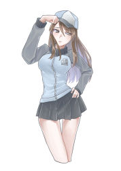 Rule 34 | 10s, 1girl, alternate headwear, arm up, bad id, bad pixiv id, blue hat, blue jacket, blue skirt, brown eyes, brown hair, clenched hand, closed mouth, cowboy shot, cropped legs, emblem, frown, girls und panzer, hat, highres, jacket, keizoku military uniform, long hair, long sleeves, looking to the side, mika (girls und panzer), military, military uniform, pleated skirt, raglan sleeves, roivas, simple background, skirt, standing, thigh gap, track jacket, uniform, white background
