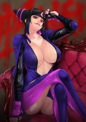 Rule 34 | 1girl, braid, breasts, capcom, chair, cleavage, couch, crossed legs, eyepatch, eyepatch lift, fingerless gloves, gloves, glowing, glowing eyes, han juri, highres, huge breasts, jumpsuit, lipstick, makeup, nail polish, red eyes, sitting, sk (sk-g), smile, solo, street fighter, street fighter v, twin braids, zipper